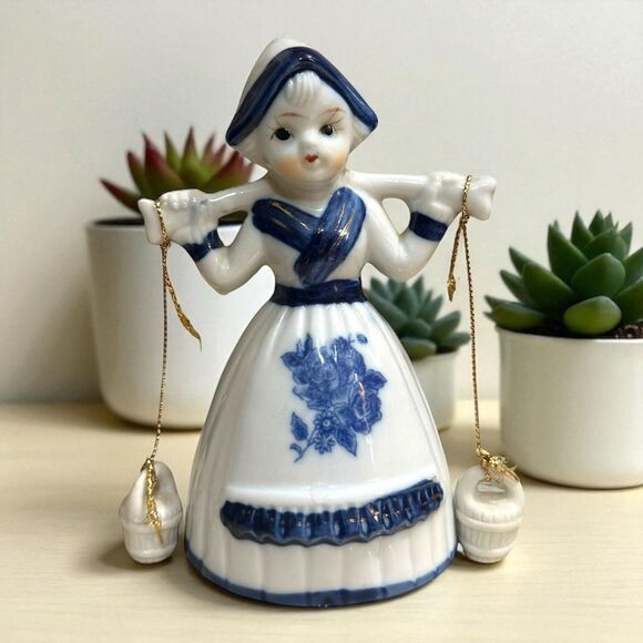 Vtg Delft Blue Accents Porcelain Dutch Girl  with Water Pail Bell Figurine - Picture 1 of 14